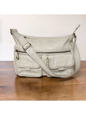 FOSSIL Shoulder Bag White Leather Adjustable Strap Multiple Pockets 12"x 8”x 3”